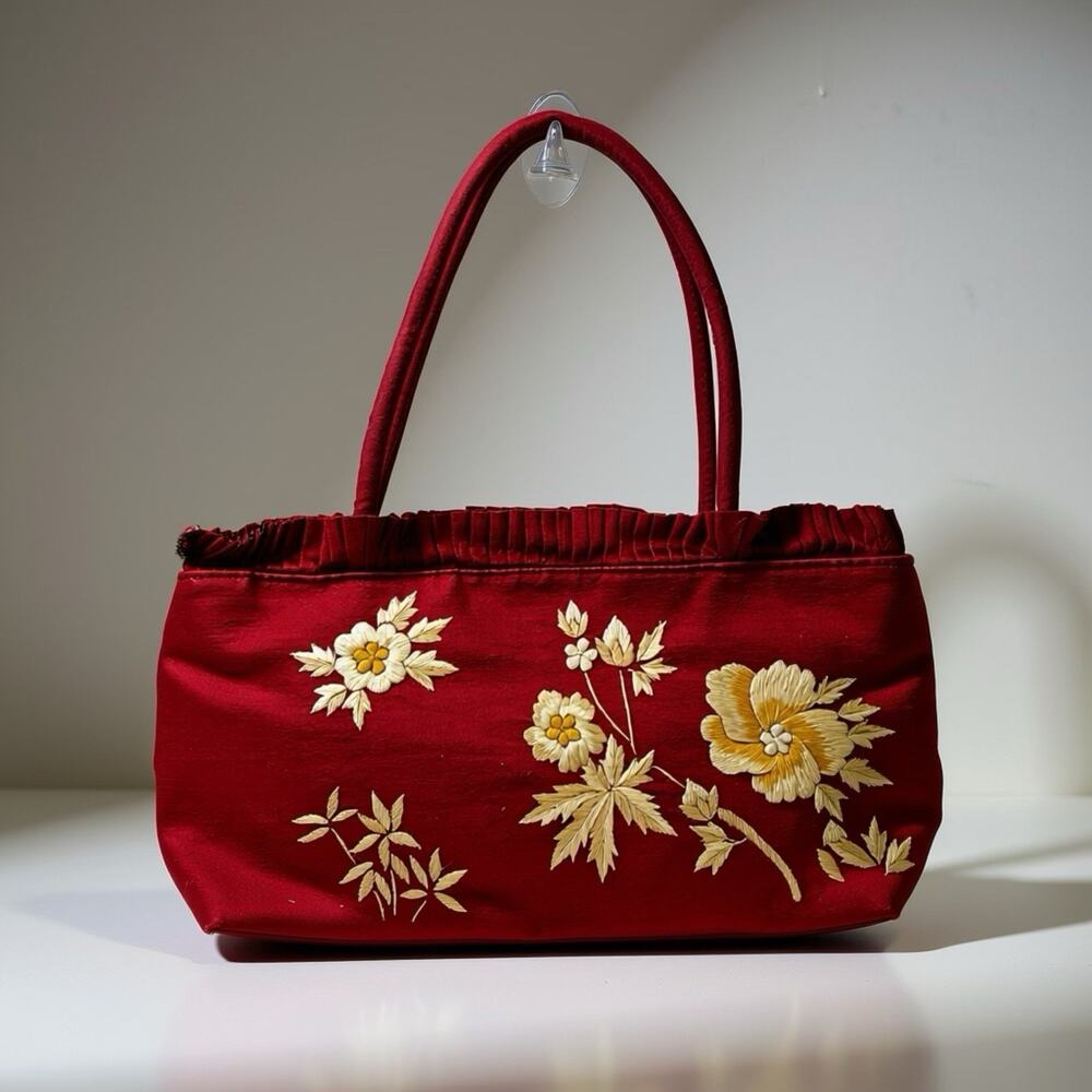 VTG 90s Asian inspired Silk Zip EveningPurse Handmade Handbag Floral Embroidery